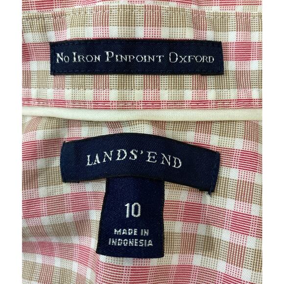 Lands’ End Women No-Iron Pinpoint Oxford Pink Green Plaid Button Up Shirt Sz 10 - Picture 5 of 6